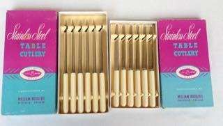VINTAGE SETS OF WILLIAM RODGERS SHEFFIELD FAUX IVORY BOXED SET OF 6 TABLE KNIVES & 6 DESSERT KNIVES