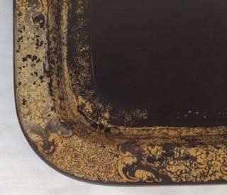 VICTORIAN GILT & BLACK PAPIER MACHE TRAY STAMPED B. WALTON & Co WARRANTED