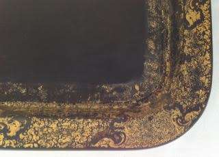 VICTORIAN GILT & BLACK PAPIER MACHE TRAY STAMPED B. WALTON & Co WARRANTED