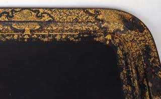 VICTORIAN GILT & BLACK PAPIER MACHE TRAY STAMPED B. WALTON & Co WARRANTED