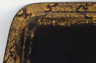 VICTORIAN GILT & BLACK PAPIER MACHE TRAY STAMPED B. WALTON & Co WARRANTED