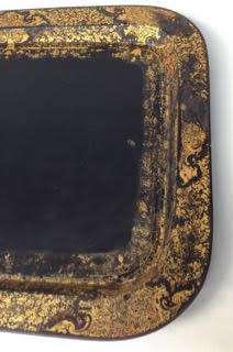 VICTORIAN GILT & BLACK PAPIER MACHE TRAY STAMPED B. WALTON & Co WARRANTED