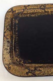 VICTORIAN GILT & BLACK PAPIER MACHE TRAY STAMPED B. WALTON & Co WARRANTED