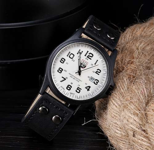 Vintage Men's Waterproof Watch Date Leather Strap Sport Quartz Army Watch Black