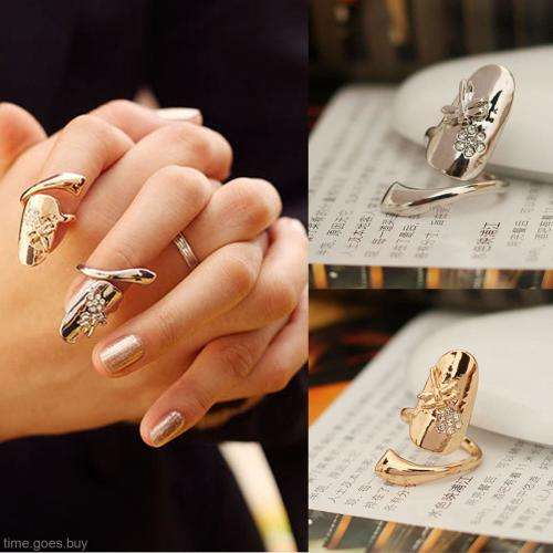 Charming Women Jewelry Dragonfly Flower Design Rhinestone Finger Tip Nail Ring silver/gold