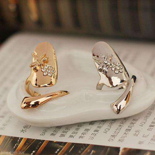Charming Women Jewelry Dragonfly Flower Design Rhinestone Finger Tip Nail Ring silver/gold