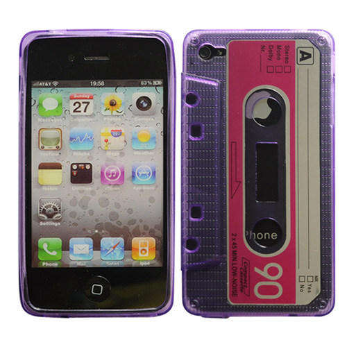 FREE SHIPPING!! CLEAR CASSETTE TAPE Purple TPU GEL COVER CASE For VERIZON ATT SPRINT IPHONE 4S