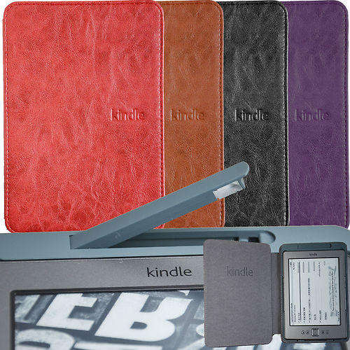 RED  Leather Case Cover For Amazon Kindle 4 with Built in Light Original Design