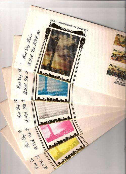 SILK 5/86. JOHANNESBURG GOLDEN CITY, FIVE COVERS WITH DIFFERENT SILK COLOURS AS PER SCAN