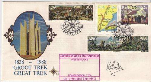 SIGNED GROOT TREK FDC 5.2 BY PAST PRESIDENT PW BOTHA & CACHET OF RESIDENCE AS PER SCAN. CLEAN ITEM