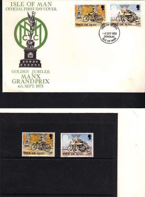 ISLE OF MAN GRAND PRIX GOLDEN JUBILEE - FDC + OFFICIAL UNMOUNTED MINT SET AS PER SCAN