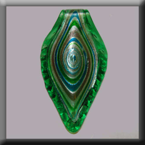Lampglass Leaf shaped Pendant Green in colour with Blue, Silver and Light Purple detail