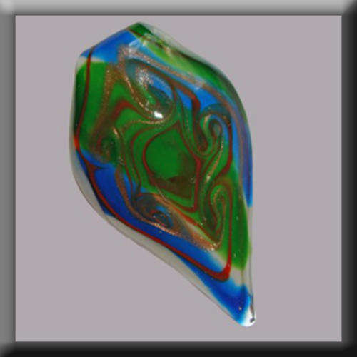 Lampglass Leaf shaped Pendant White, Green & Blue in colour with Red and Gold detail