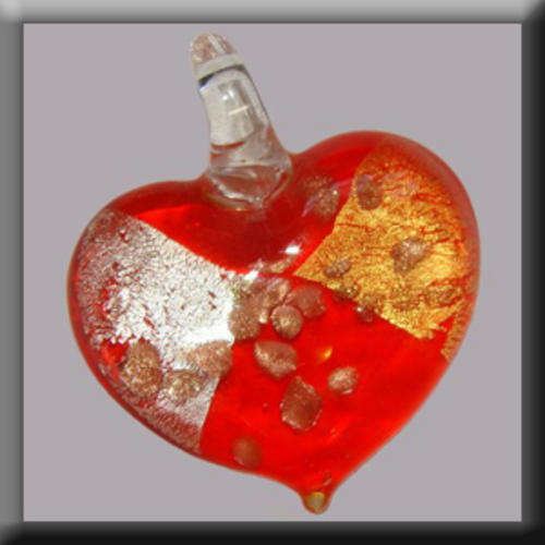 Lampglass Heart shaped Pendant Red in colour with Silver, Gold and Bronze detail