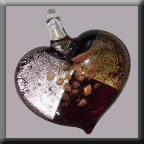Lampglass Heart shaped Pendant Purple in colour with Silver, Gold and Bronze detail