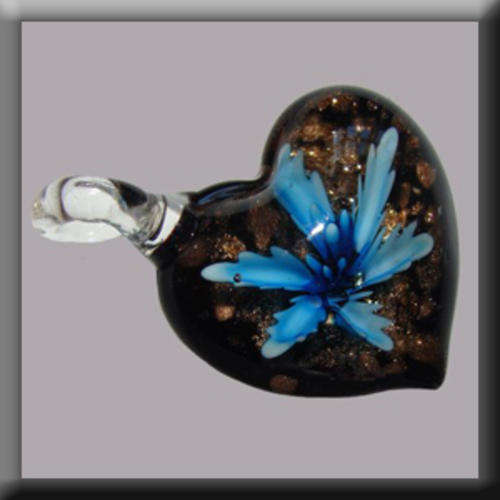 Lampglass Heart shaped Pendant Black colour with Blue flower inlay & Bronze detail