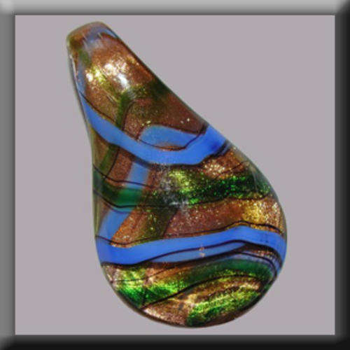 Lampglass Teardrop shaped Pendant Bronze in colour with Green, Blue & Black detail