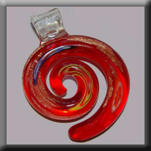 Lampglass Spiral shaped Pendant Red in colour with Multi-colour detail