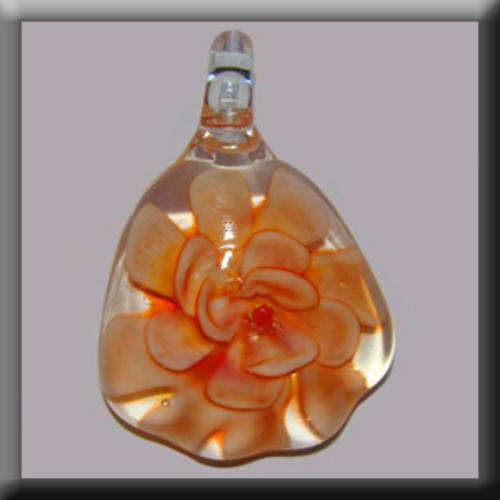 Lampglass Fancy shaped Pendant Clear in colour with Peach coloured Flower Inlay