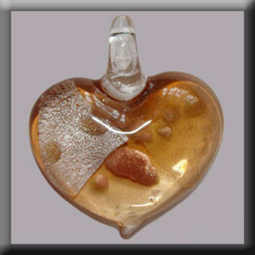 Lampglass Heart shaped Pendant Light Brown in colour with Silver, Gold & Bronze detail