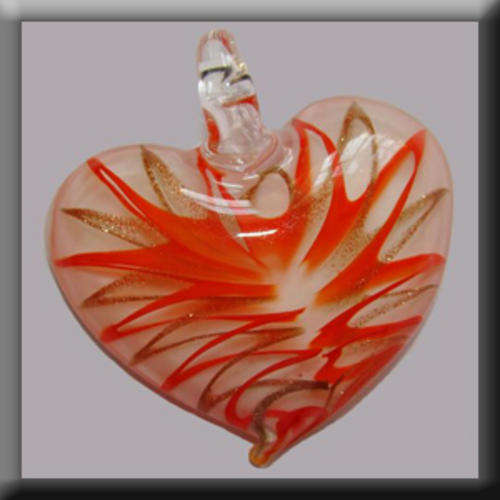 Lampglass Heart shaped Pendant White in colour with Red & Gold detail