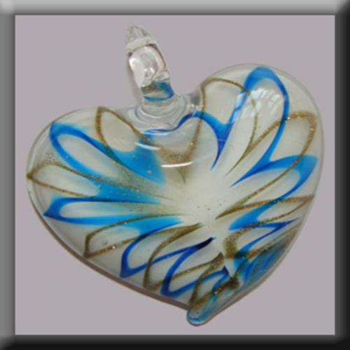 Lampglass Heart shaped Pendant White in colour with Blue & Gold detail