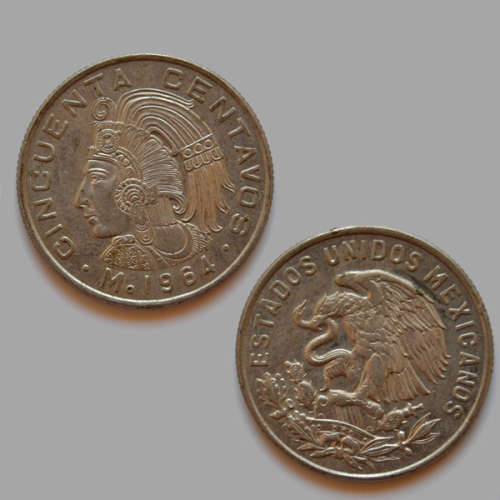 50 Centavos 1964 Mexico Coin - The feather crown - Coat of arms, with legend at top.