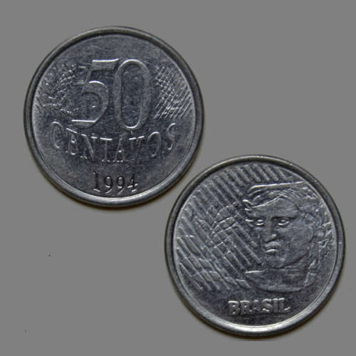 50 Centavos 1994, Brazil Coin - Effigy of the Republic, surrounded by the stylish representation