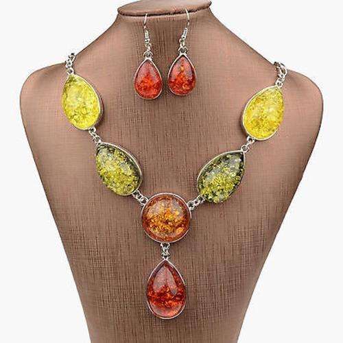 Baltic Amber Multicolor Gem VTG Silver Necklace Statement Earring Sets