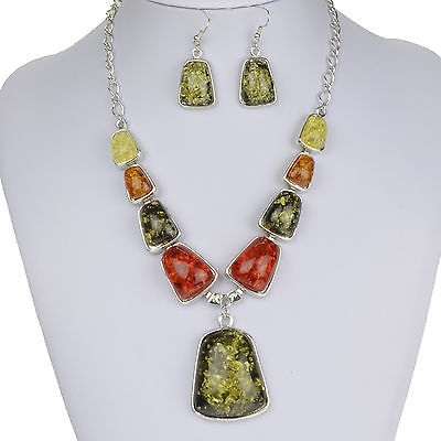 Baltic Tibet Silver Amber Gem Pendant Multicolor Earring Necklace Set