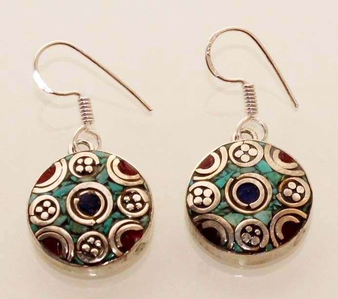 LAPIS-TURQUOISE-CORAL HANDCRAFTED ENAMELED VINTAGE JEWELRY SILVER EAR RING