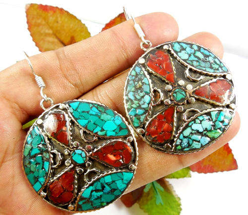 925 Sterling Silver Overlay Rare Tibet Turquoise,Coral Earring