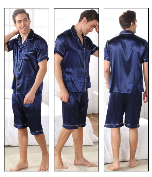 Plus Size Blue Ice Silk Men`s Pajama Set