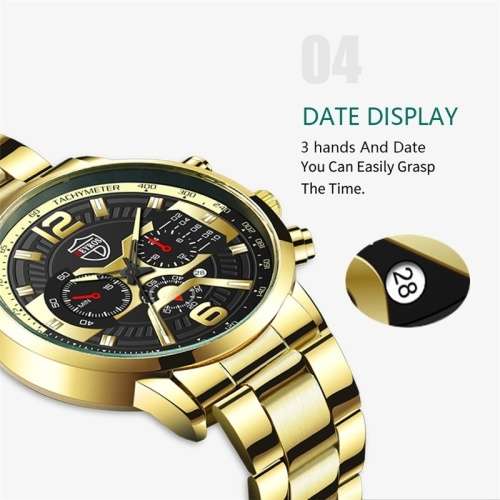 DEYROS Fashion Men`s Gold Stainless Steel Quartz Watch
