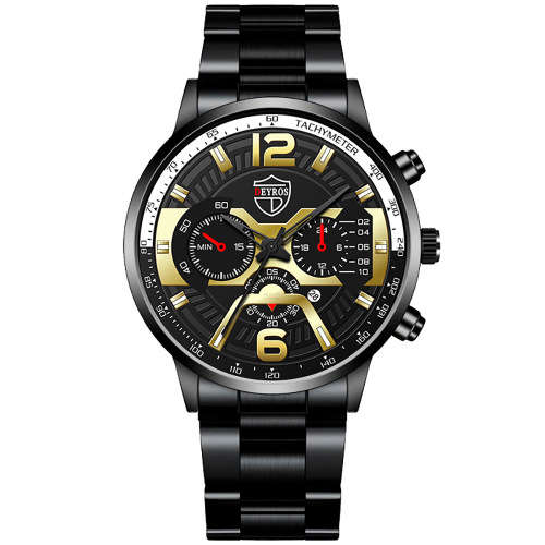 DEYROS Fashion Men`s Black Steel With White Quartz Watch