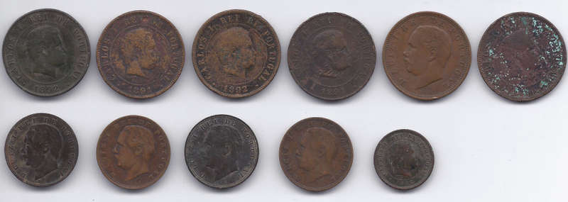Portugal - Collection of 20,10,5 Reis coins 1882 to 1892 (11 coins)