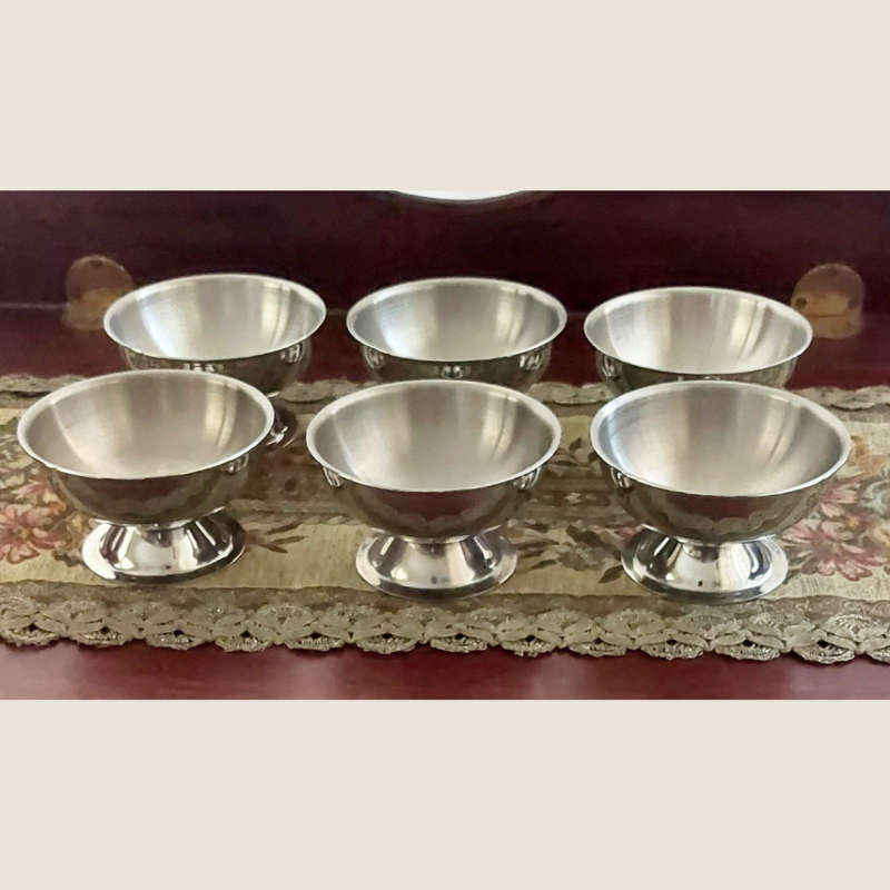 Six Round Vintage Footed and Polished Stainless Steel Dessert Bowls