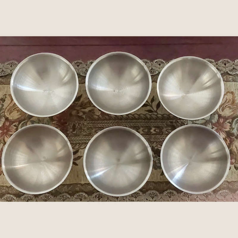 Six Round Vintage Footed and Polished Stainless Steel Dessert Bowls