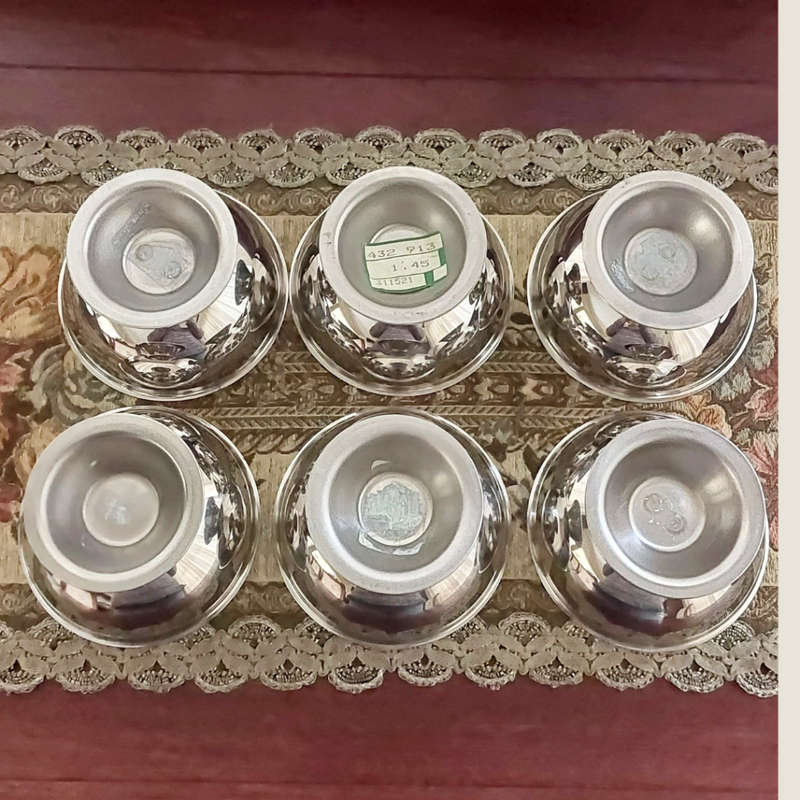 Six Round Vintage Footed and Polished Stainless Steel Dessert Bowls