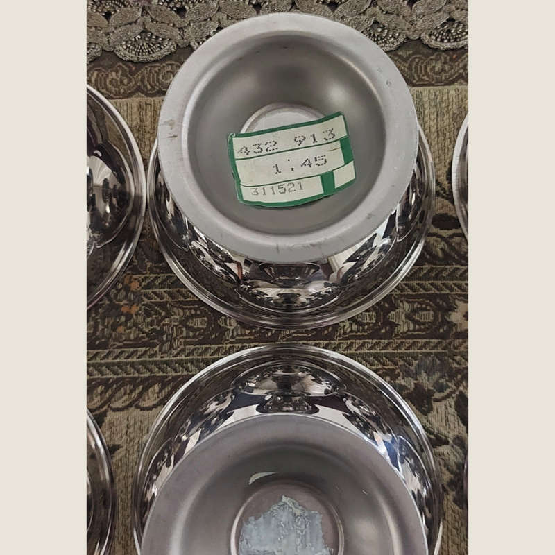 Six Round Vintage Footed and Polished Stainless Steel Dessert Bowls