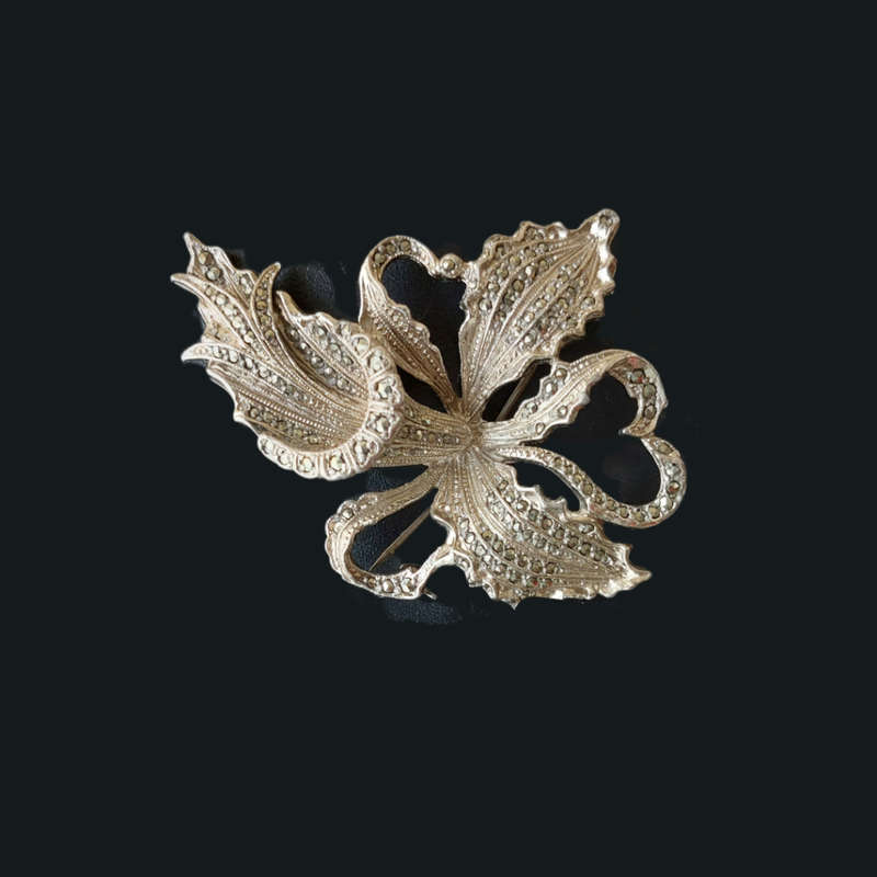 Vintage 1940-50`s Silver Marcasite Orchid Brooch