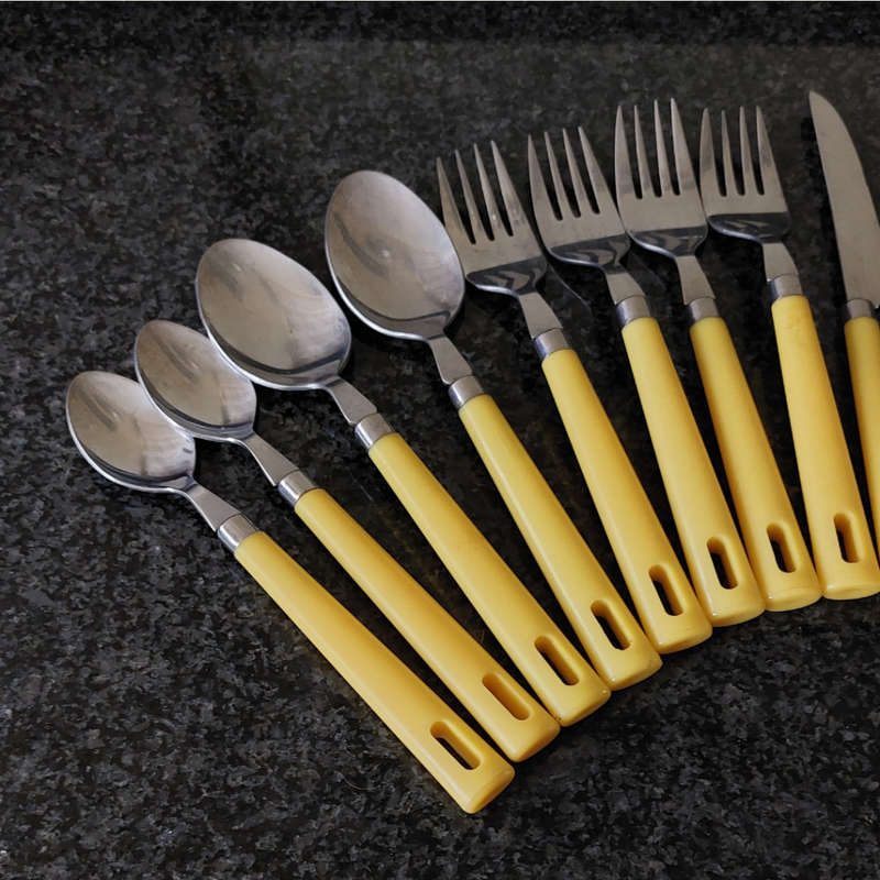 Retro Yellow Knives, Fork & Spoon Set