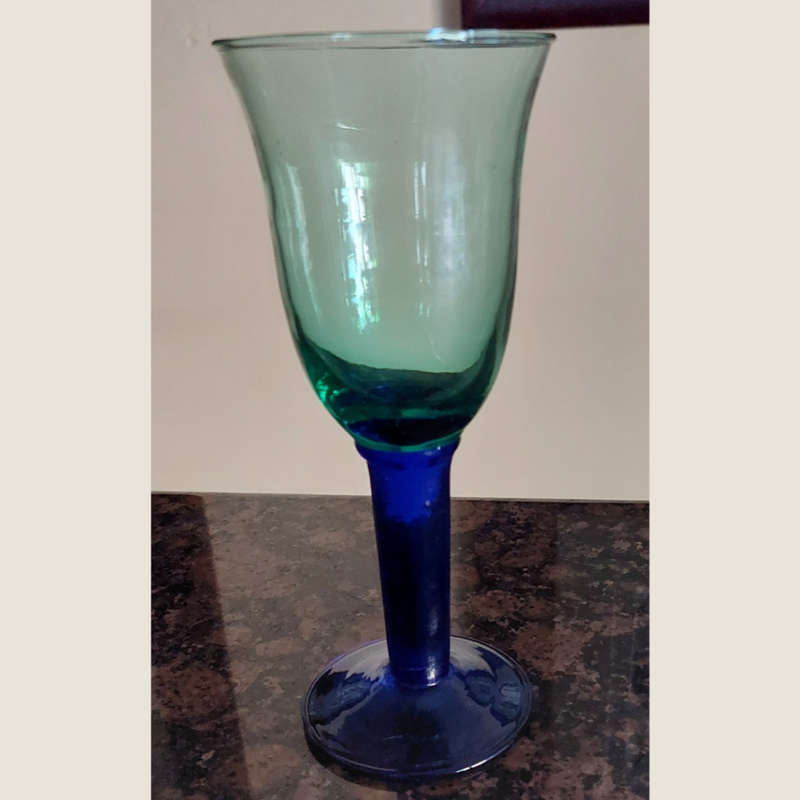 Ten Vintage Handblown, Recycled Red Wine Glasses in Cobalt Blue with Green Stems