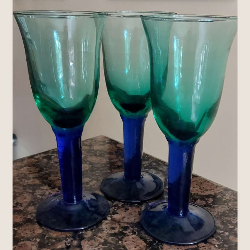 Ten Vintage Handblown, Recycled Red Wine Glasses in Cobalt Blue with Green Stems