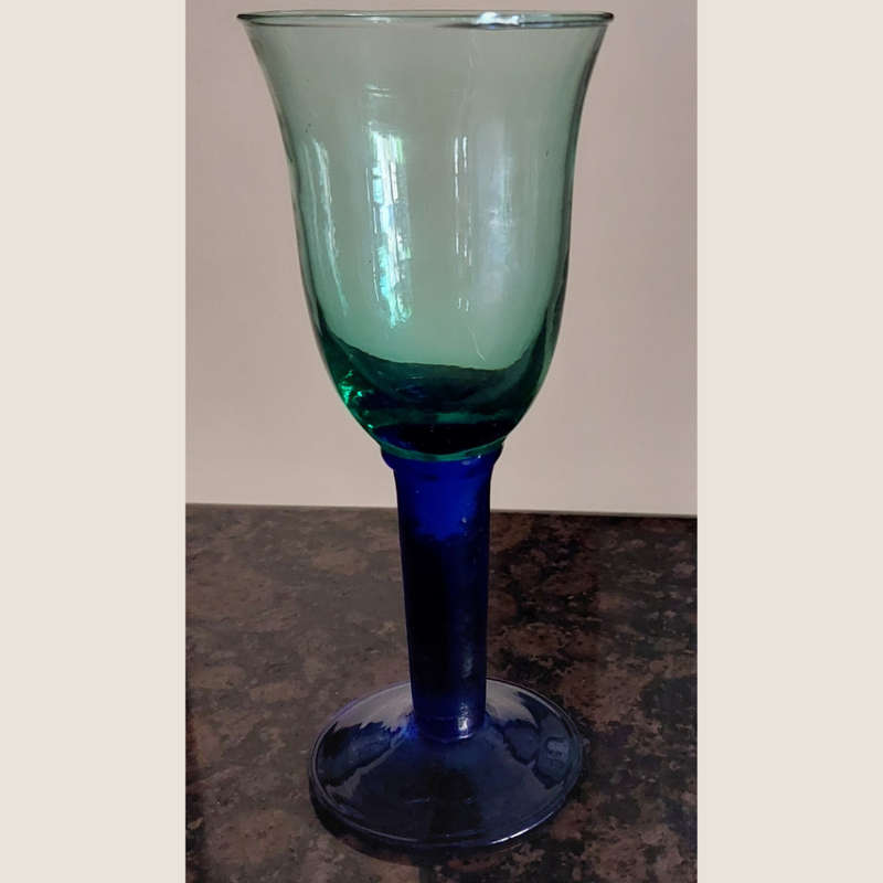Twelve Green Vintage Handblown, Recycled  White Wine Glasses with Cobalt Blue Stems