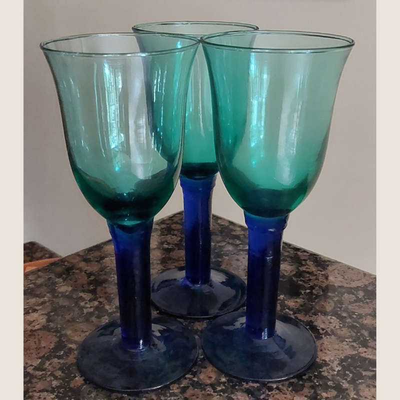 Twelve Green Vintage Handblown, Recycled  White Wine Glasses with Cobalt Blue Stems