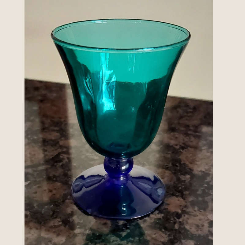 Six Small Green Vintage Liqueur Glasses with Cobalt Blue Stems