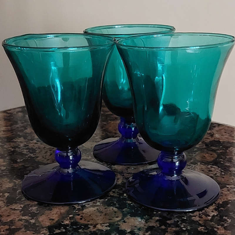 Six Small Green Vintage Liqueur Glasses with Cobalt Blue Stems