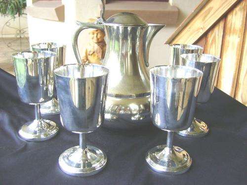HOLLAND DOVO SILVER ON BRASS PITCHER WITH 6 SILVER ON COPPER GOBLETS/GLASSES