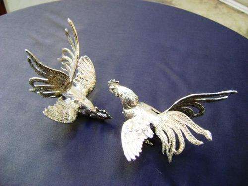 FIGHTING COCKS SILVER PLATE ON COPPER PAIR